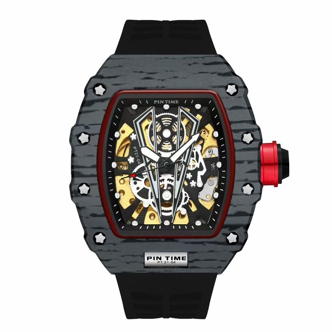 Barrel carbon case skeleton reloj hombre 3702